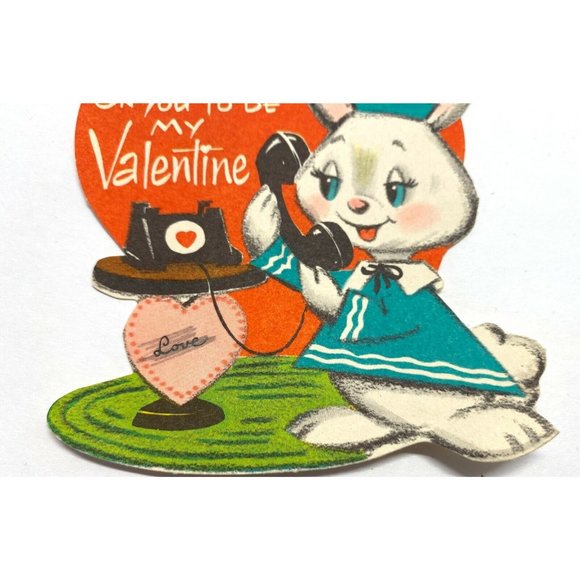 Anthropomorphic Rabbit Valentine Greeting Card Telephone Diecut 4" Vintage 1940s - Picture 5 of 5